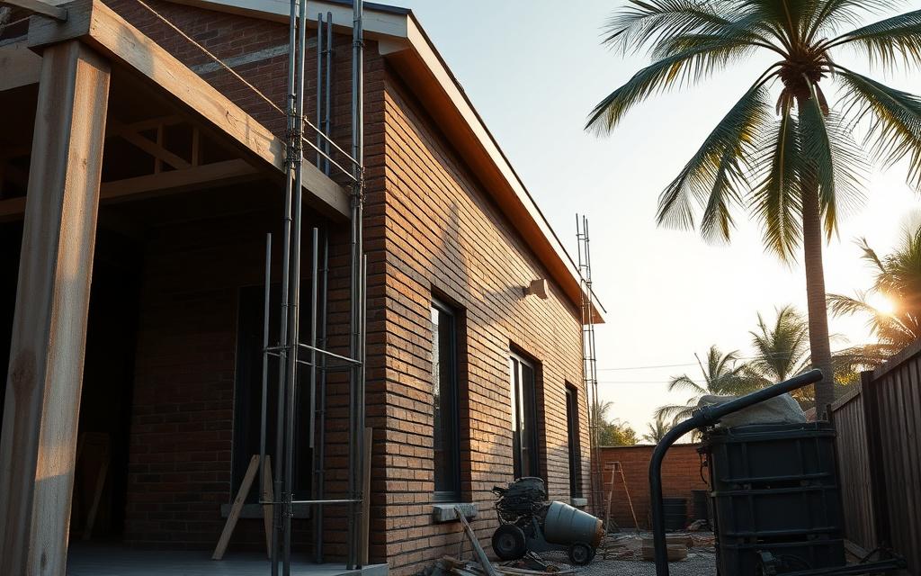 Brickwork and reinforcement on a house extension under construction