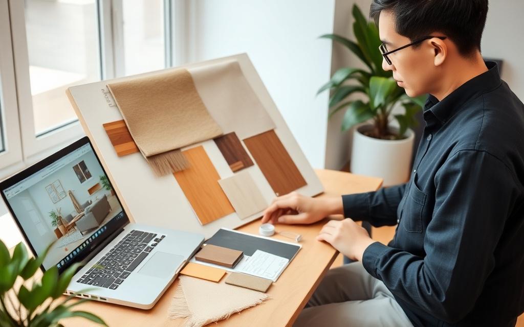 Designer assembling a mood board beside a 3D room render