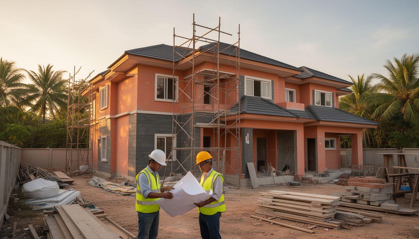 Renovation crew reviewing plans in front of a scaffolded terrace house