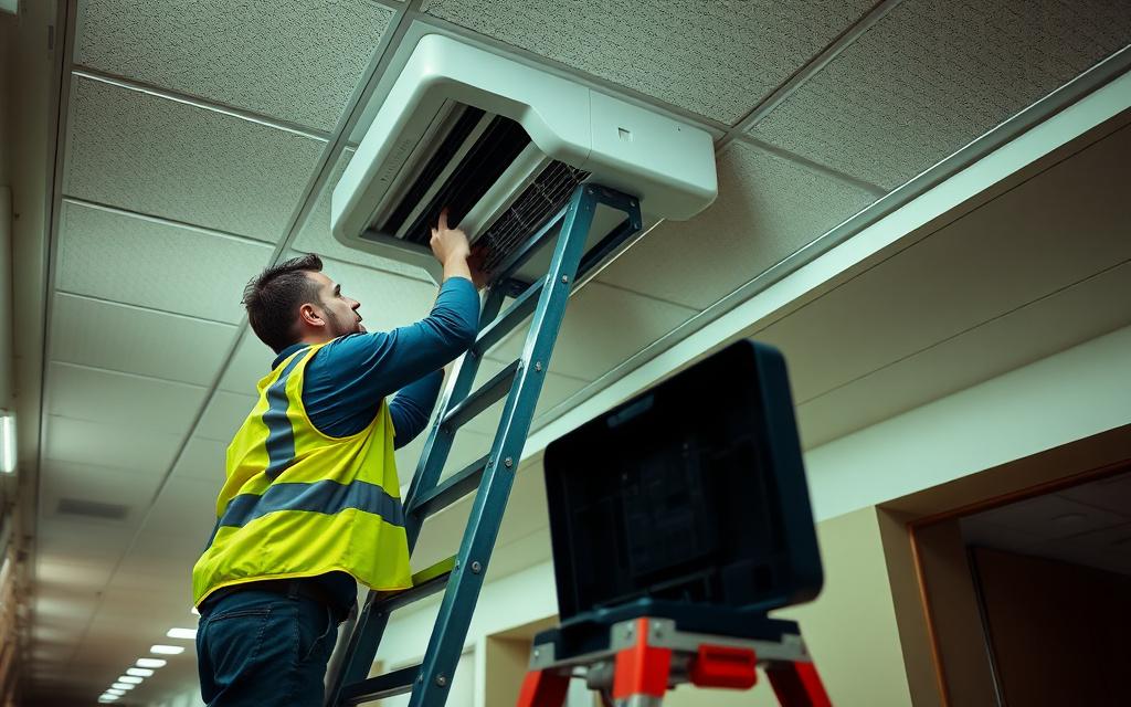 Technician servicing ceiling-mounted equipment in a commercial corridor