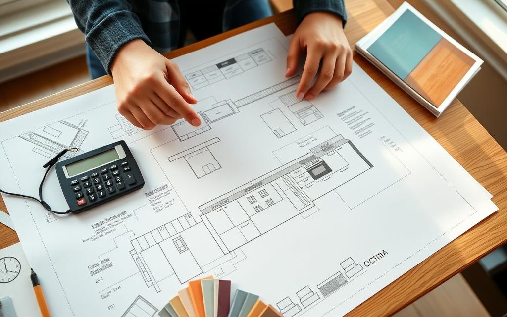 Kitchen extension sketch with calculator and samples on a table