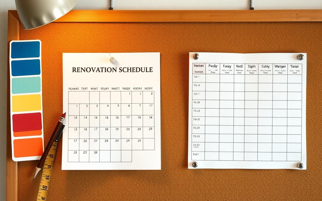 Printed renovation schedule beside paint swatches on a corkboard