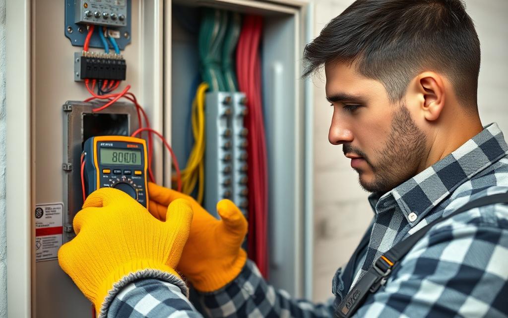 Electrician testing terminals in an open residential distribution board