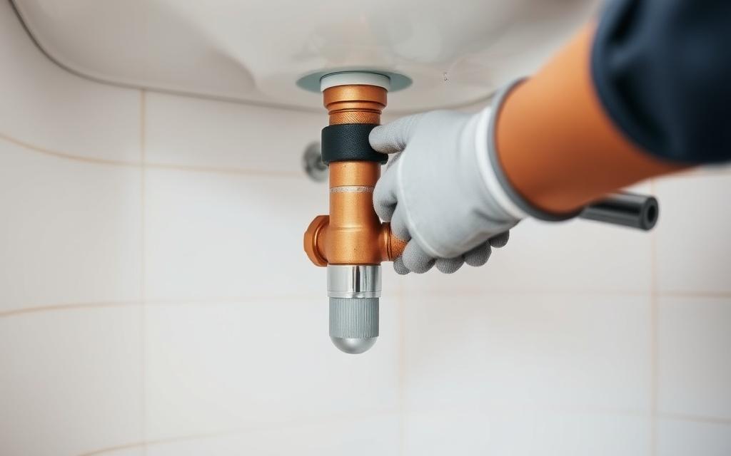 Copper pipe joint being fitted under a bathroom sink