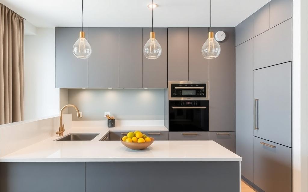 Finished condominium kitchen with dark cabinets and quartz top