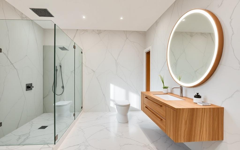 Terrazzo bathroom with walk-in rain shower