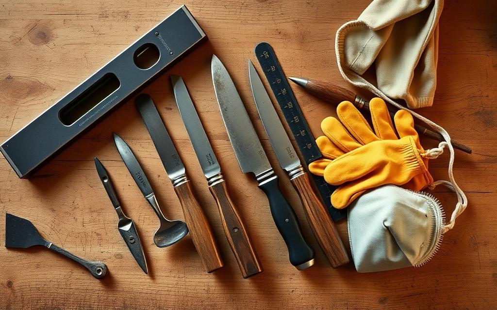 Hand tools laid out on a timber workbench